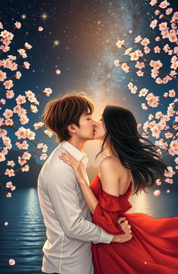 A romantic scene of a loving couple deeply engaged in a kiss under a starry night sky