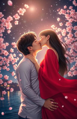 A romantic scene of a loving couple deeply engaged in a kiss under a starry night sky