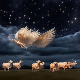 A stunning fleet of Bovine Pegasus, all with majestic wings, cruising gracefully in the starlit sky.