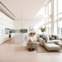 A spacious and beautifully designed apartment interior that expertly combines modern classic and contemporary styles
