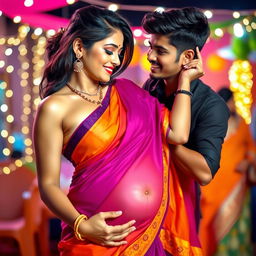 A hot 35-year-old Indian woman in a vibrant saree, elegantly draped, accentuating her curves and showing her navel