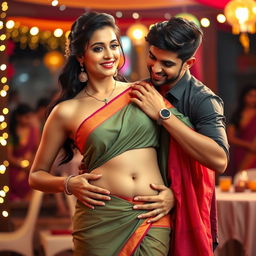 A hot 35-year-old Indian woman in a vibrant saree, elegantly draped, accentuating her curves and showing her navel