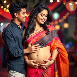 A hot 35-year-old Indian woman in a vibrant saree, elegantly draped, accentuating her curves and showing her navel