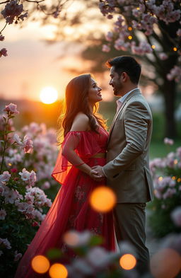 A romantic scene featuring a couple in a serene, picturesque setting