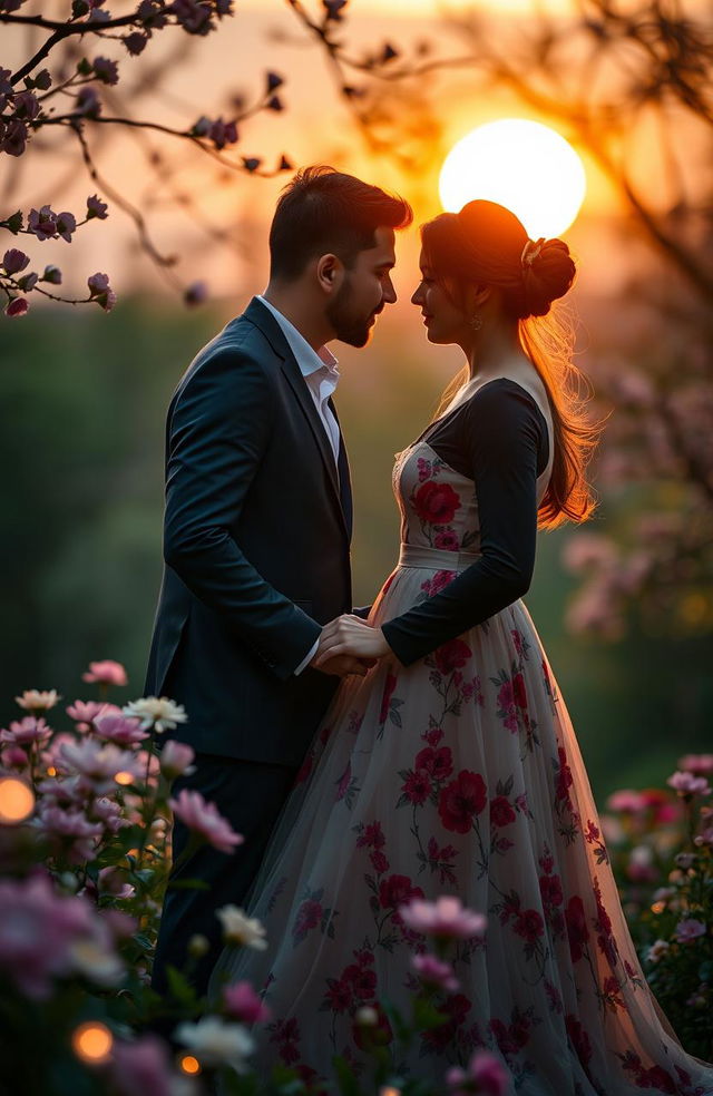 A romantic scene featuring a couple in a serene, picturesque setting