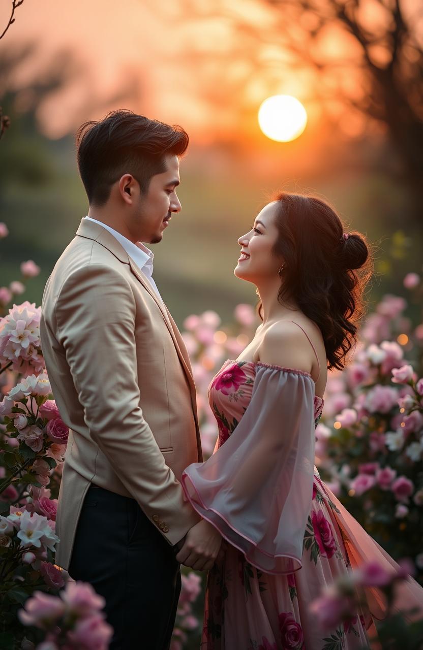 A romantic scene featuring a couple in a serene, picturesque setting