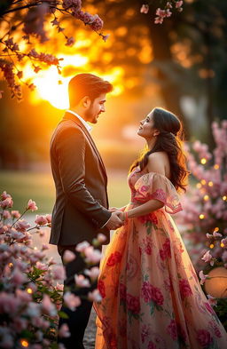 A romantic scene featuring a couple in a serene, picturesque setting