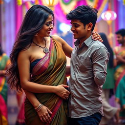 A 35-year-old attractive Indian woman wearing a low-waist saree that accentuates her figure and shows her navel, exuding a confident and seductive demeanor