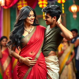 A 35-year-old attractive Indian woman wearing a low-waist saree that accentuates her figure and shows her navel, exuding a confident and seductive demeanor