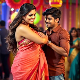 A 35-year-old attractive Indian woman wearing a low-waist saree that accentuates her figure and shows her navel, exuding a confident and seductive demeanor