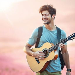 A handsome young man carrying an acoustic guitar, smiling as he walks through a dreamy landscape