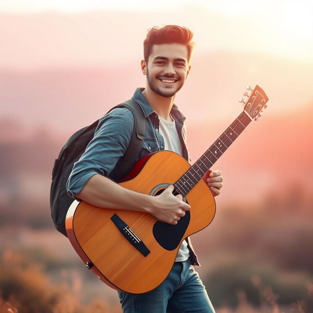 A handsome young man carrying an acoustic guitar, smiling as he walks through a dreamy landscape