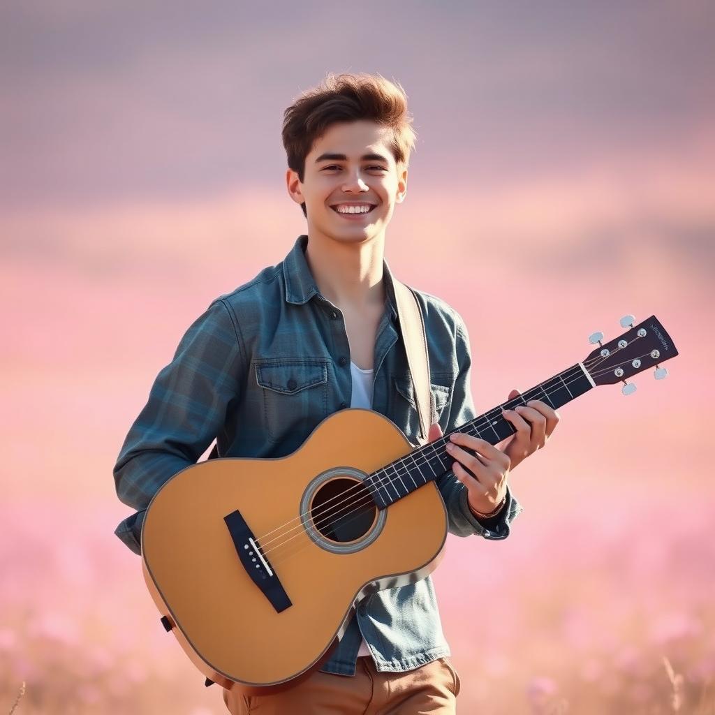 A handsome young man carrying an acoustic guitar, smiling as he walks through a dreamy landscape