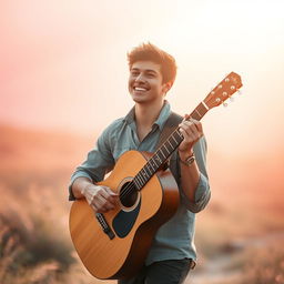 A handsome young man carrying an acoustic guitar, smiling as he walks through a dreamy landscape