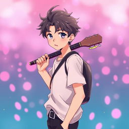 A young man in anime style, carrying a guitar over his shoulder, standing confidently