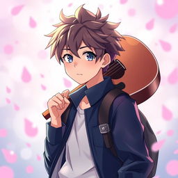 A young man in anime style, carrying a guitar over his shoulder, standing confidently