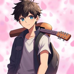 A young man in anime style, carrying a guitar over his shoulder, standing confidently