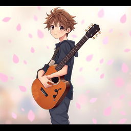 A young man in anime style, carrying a guitar over his shoulder, standing confidently