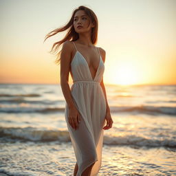 A beautiful girl standing at the seashore, wearing a deep open neck wet white translucent dress that clings to her figure, paired with stylish shorts underneath