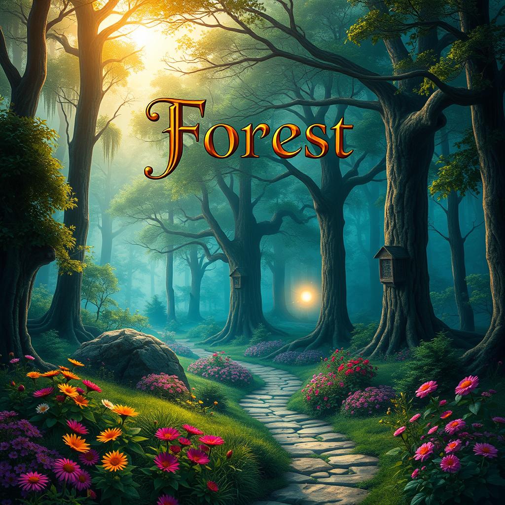 A captivating book cover design featuring an enchanting forest landscape with towering, mystical trees and vibrant, colorful flowers