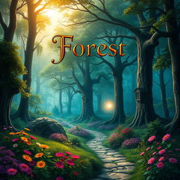 A captivating book cover design featuring an enchanting forest landscape with towering, mystical trees and vibrant, colorful flowers