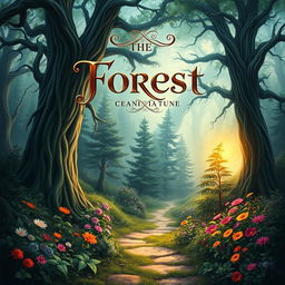 A captivating book cover design featuring an enchanting forest landscape with towering, mystical trees and vibrant, colorful flowers