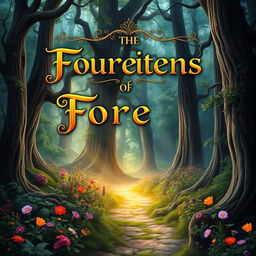 A captivating book cover design featuring an enchanting forest landscape with towering, mystical trees and vibrant, colorful flowers