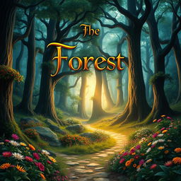 A captivating book cover design featuring an enchanting forest landscape with towering, mystical trees and vibrant, colorful flowers