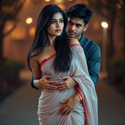 A sensual scene of a 35-year-old attractive Indian woman wearing a beautifully draped low waist saree, gracefully highlighting her figure and showing her navel
