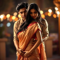 A sensual scene of a 35-year-old attractive Indian woman wearing a beautifully draped low waist saree, gracefully highlighting her figure and showing her navel