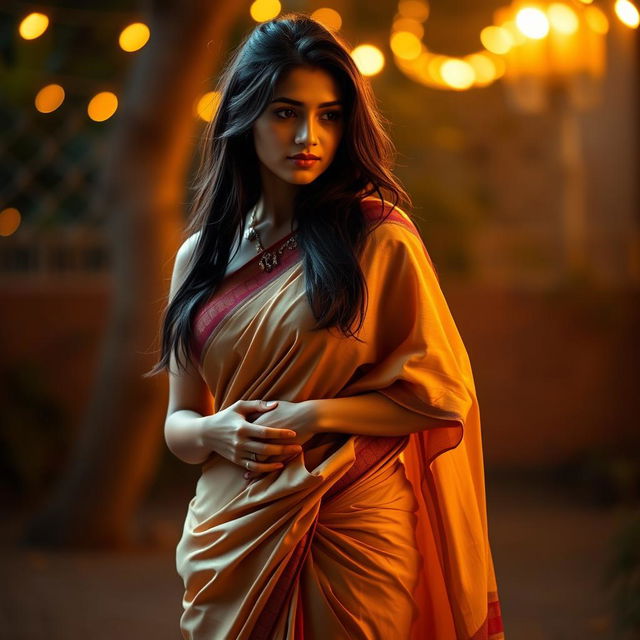 A sensual scene of a 35-year-old attractive Indian woman wearing a beautifully draped low waist saree, gracefully highlighting her figure and showing her navel