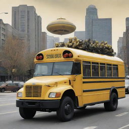 A surreal image of a traditional yellow school bus being driven by a Borg, the cybernetic aliens from Star Trek