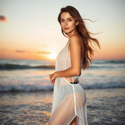 A beautiful young woman standing at the seashore, wearing a deep open neck wet white translucent dress that tastefully reveals her silhouette and adds a sense of allure