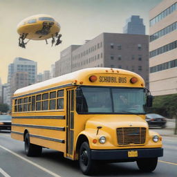 A surreal image of a traditional yellow school bus being driven by a Borg, the cybernetic aliens from Star Trek