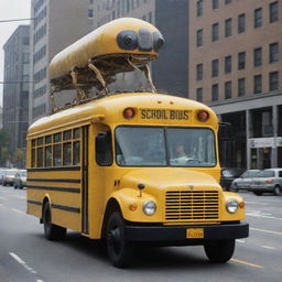 A surreal image of a traditional yellow school bus being driven by a Borg, the cybernetic aliens from Star Trek