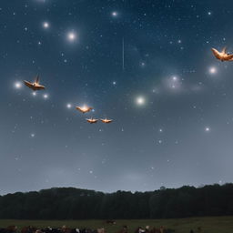 A stunning fleet of Bovine Pegasus, all with majestic wings, cruising gracefully in the starlit sky.