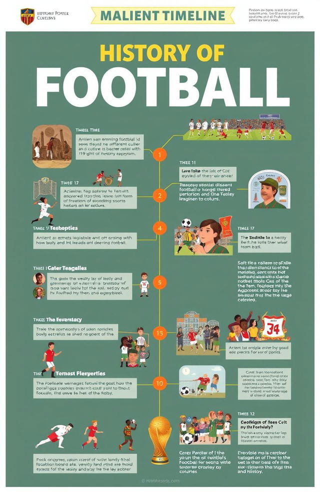 An engaging and informative timeline of the history of football, showcasing key moments and developments from its origins to present day