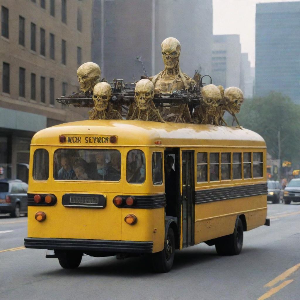 A surreal image of a traditional yellow school bus being driven by a Borg, the cybernetic aliens from Star Trek