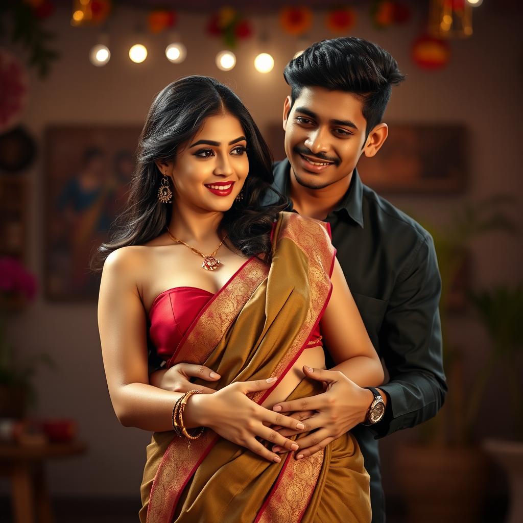 A scene featuring a 35-year-old attractive Indian woman wearing a stylish low waist saree that elegantly showcases her navel