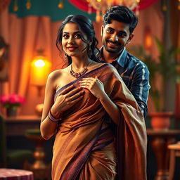 A scene featuring a 35-year-old attractive Indian woman wearing a stylish low waist saree that elegantly showcases her navel
