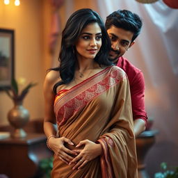 A scene featuring a 35-year-old attractive Indian woman wearing a stylish low waist saree that elegantly showcases her navel