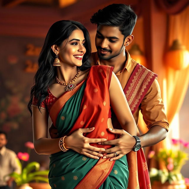 A scene featuring a 35-year-old attractive Indian woman wearing a stylish low waist saree that elegantly showcases her navel