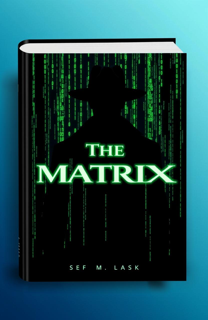 A book cover design centered around the theme of 'The Matrix', featuring iconic symbols such as the green digital rain (code), a sleek black silhouette of a person in a fedora, and the famous Matrix code symbols