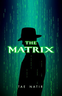 A book cover design centered around the theme of 'The Matrix', featuring iconic symbols such as the green digital rain (code), a sleek black silhouette of a person in a fedora, and the famous Matrix code symbols