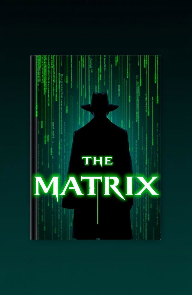 A book cover design centered around the theme of 'The Matrix', featuring iconic symbols such as the green digital rain (code), a sleek black silhouette of a person in a fedora, and the famous Matrix code symbols