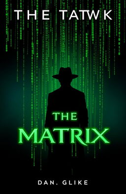 A book cover design centered around the theme of 'The Matrix', featuring iconic symbols such as the green digital rain (code), a sleek black silhouette of a person in a fedora, and the famous Matrix code symbols