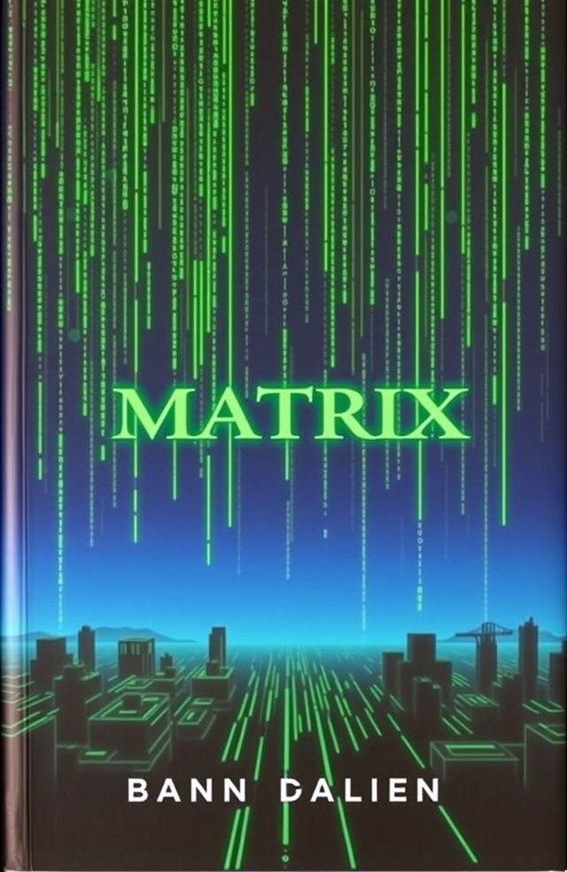 A book cover for a sci-fi themed story about 'The Matrix', featuring iconic symbols such as the green falling code, circuit patterns, and a digital landscape