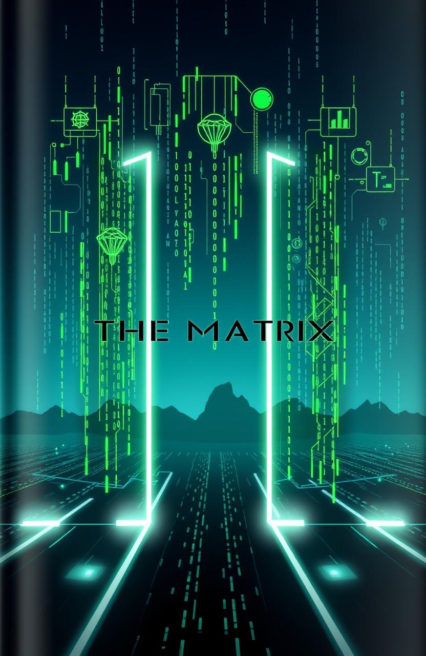 A book cover for a sci-fi themed story about 'The Matrix', featuring iconic symbols such as the green falling code, circuit patterns, and a digital landscape