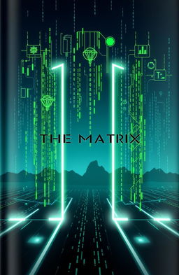 A book cover for a sci-fi themed story about 'The Matrix', featuring iconic symbols such as the green falling code, circuit patterns, and a digital landscape