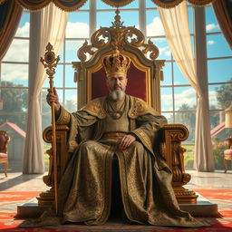 A majestic emperor sitting on a grand, ornate throne in a lavish palace